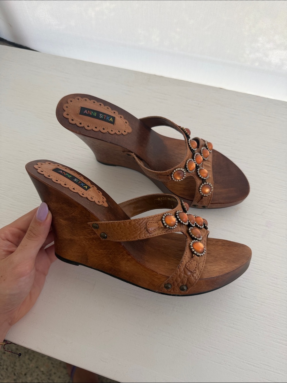 Anni Sitka Wedge Sandals with Amber Accents - Brown made in Brasil size 7